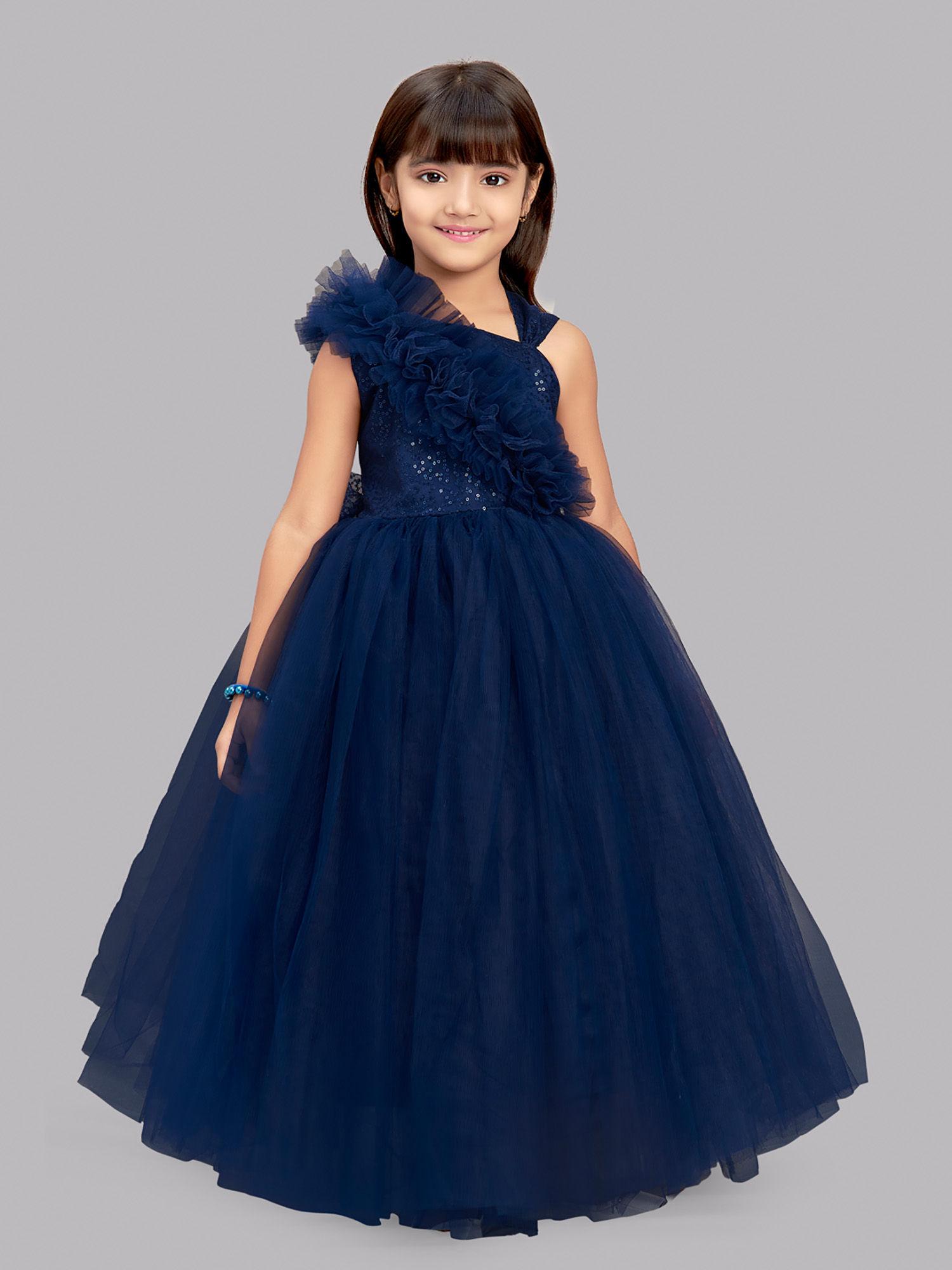 ruffled sequins bodice gown navy blue