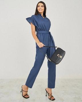 ruffled sleeve jumpsuit with waist tie-up