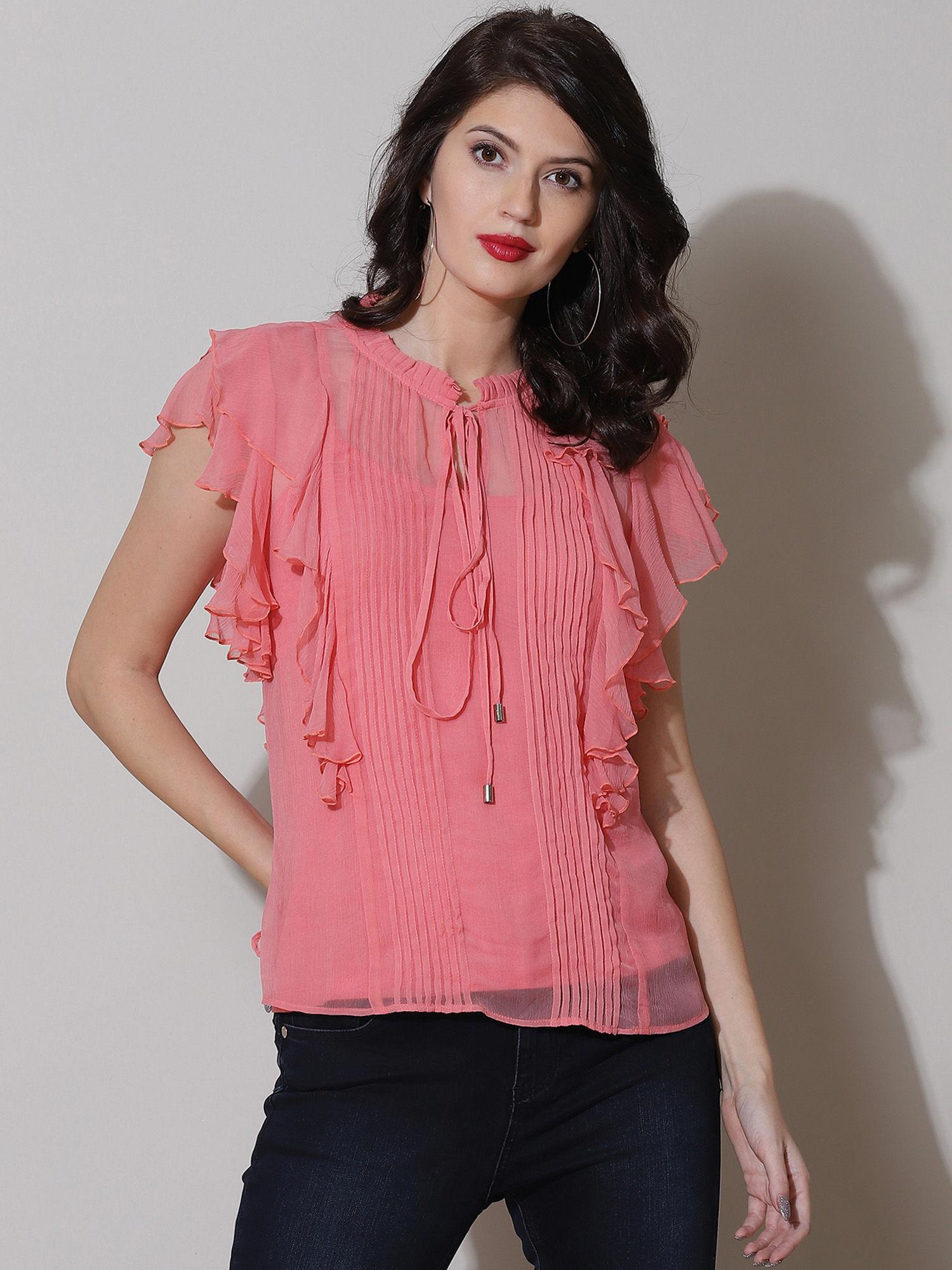 ruffled sleeves solid short top with camisole (set of 2)