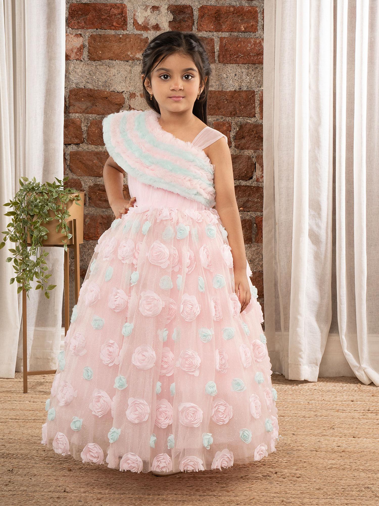 ruffled sleeves with shimmer & 3d flower ball gown-baby pink