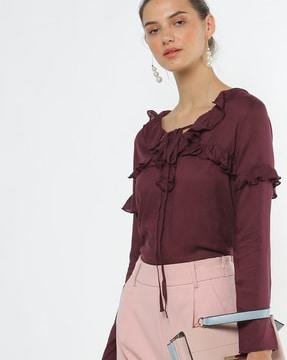 ruffled top with neck tie-up