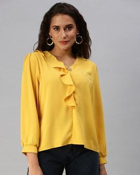 ruffled v-neck top with cuffed sleeves