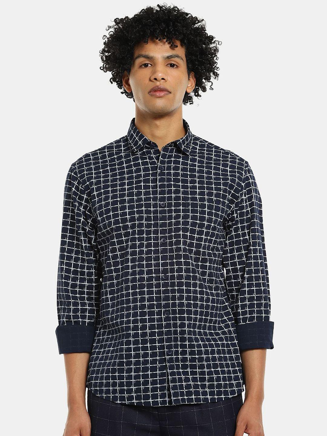 ruggers men blue & white checked cotton casual shirt