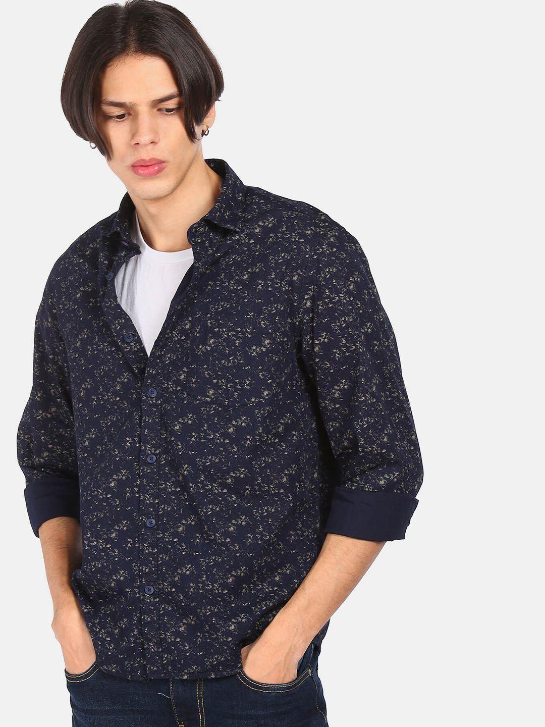 ruggers men blue pure cotton floral printed casual shirt