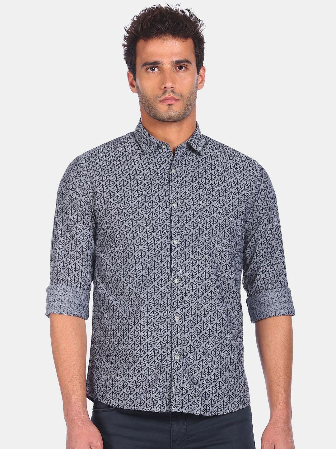ruggers men grey & black floral printed pure cotton casual shirt