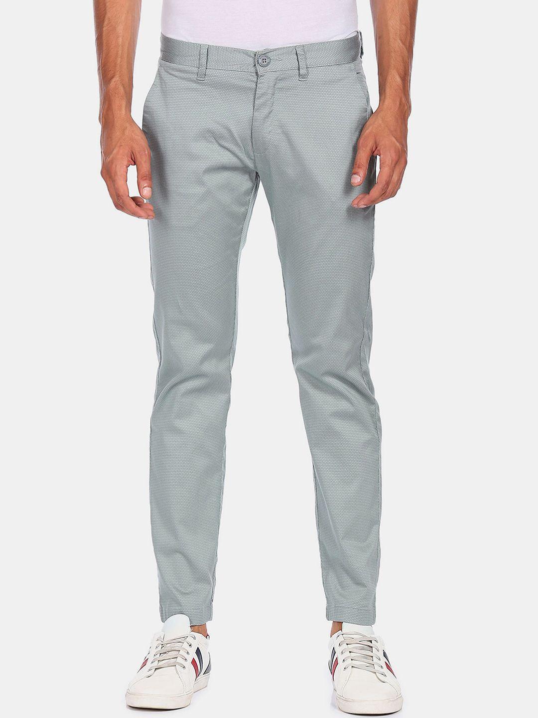 ruggers men grey printed cotton chinos trousers