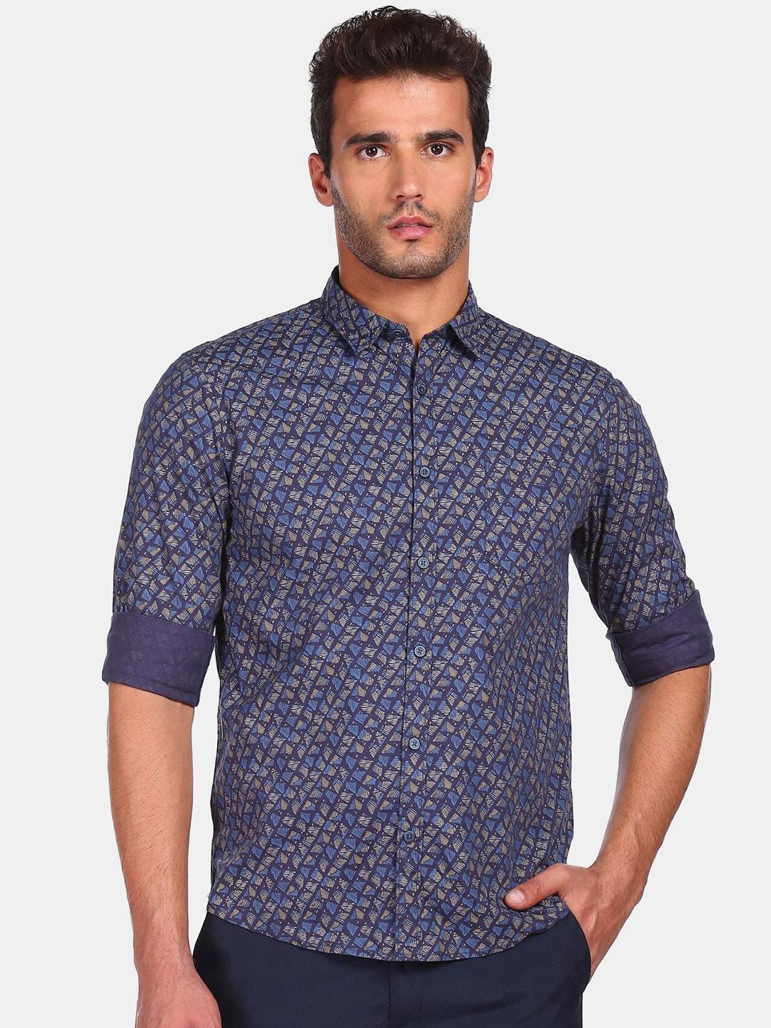 ruggers men navy blue & beige printed pure cotton casual shirt