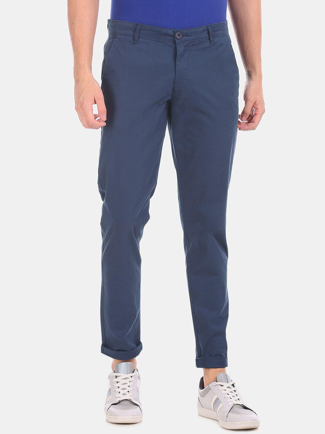 ruggers men navy blue regular fit solid regular trousers