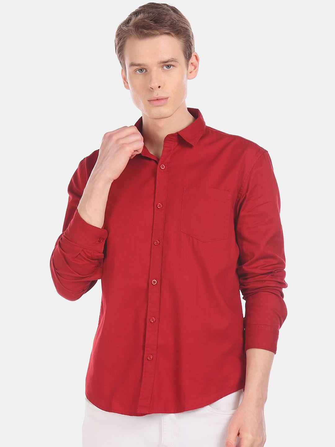 ruggers men red regular fit solid casual shirt