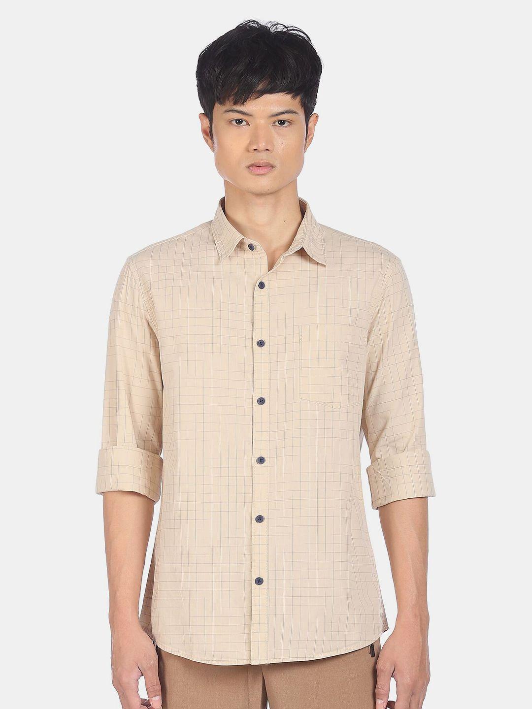 ruggers men beige cheacked casual shirt