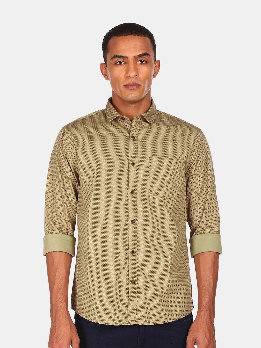 ruggers men beige printed pure cotton casual shirt