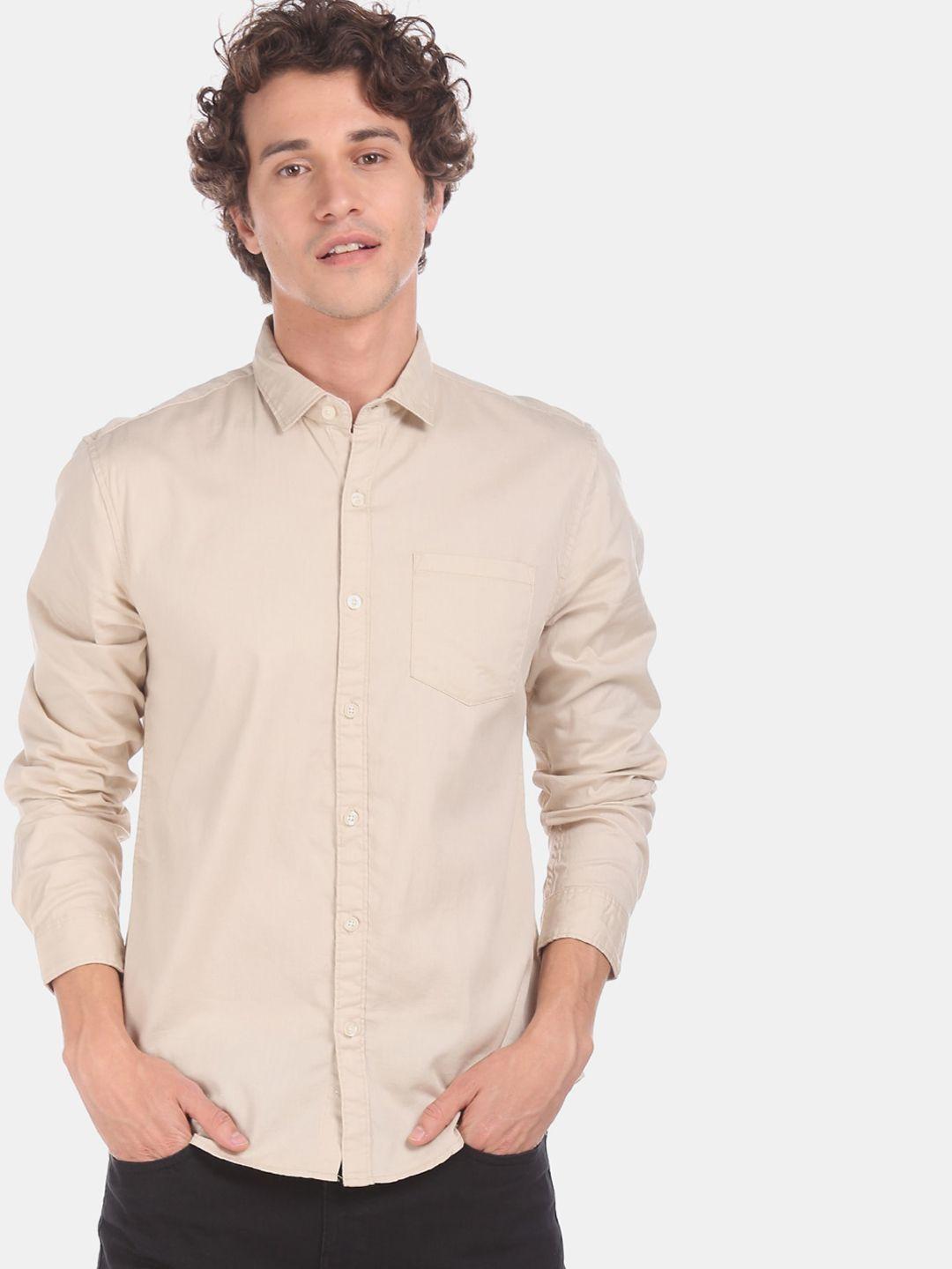 ruggers men beige regular fit solid casual shirt