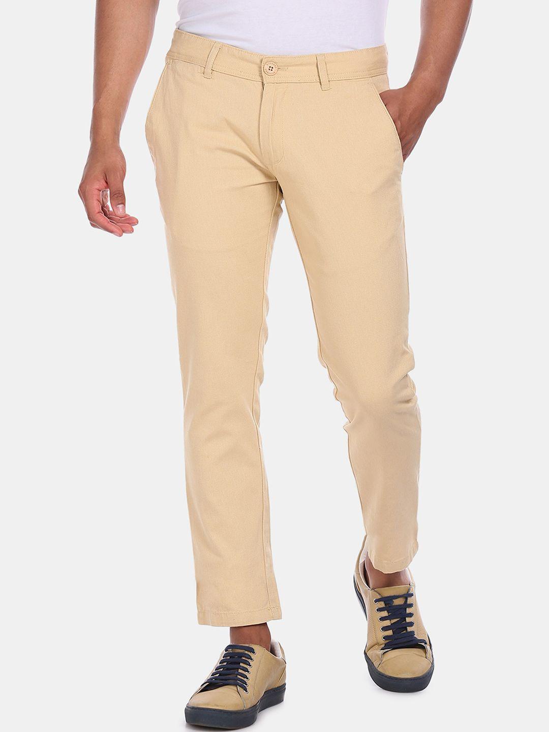 ruggers men beige regular fit solid cotton chinos