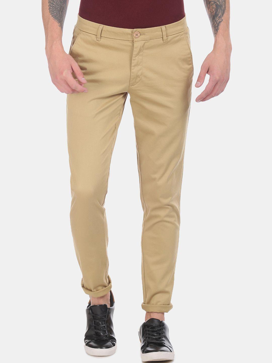 ruggers men beige slim fit solid regular trousers