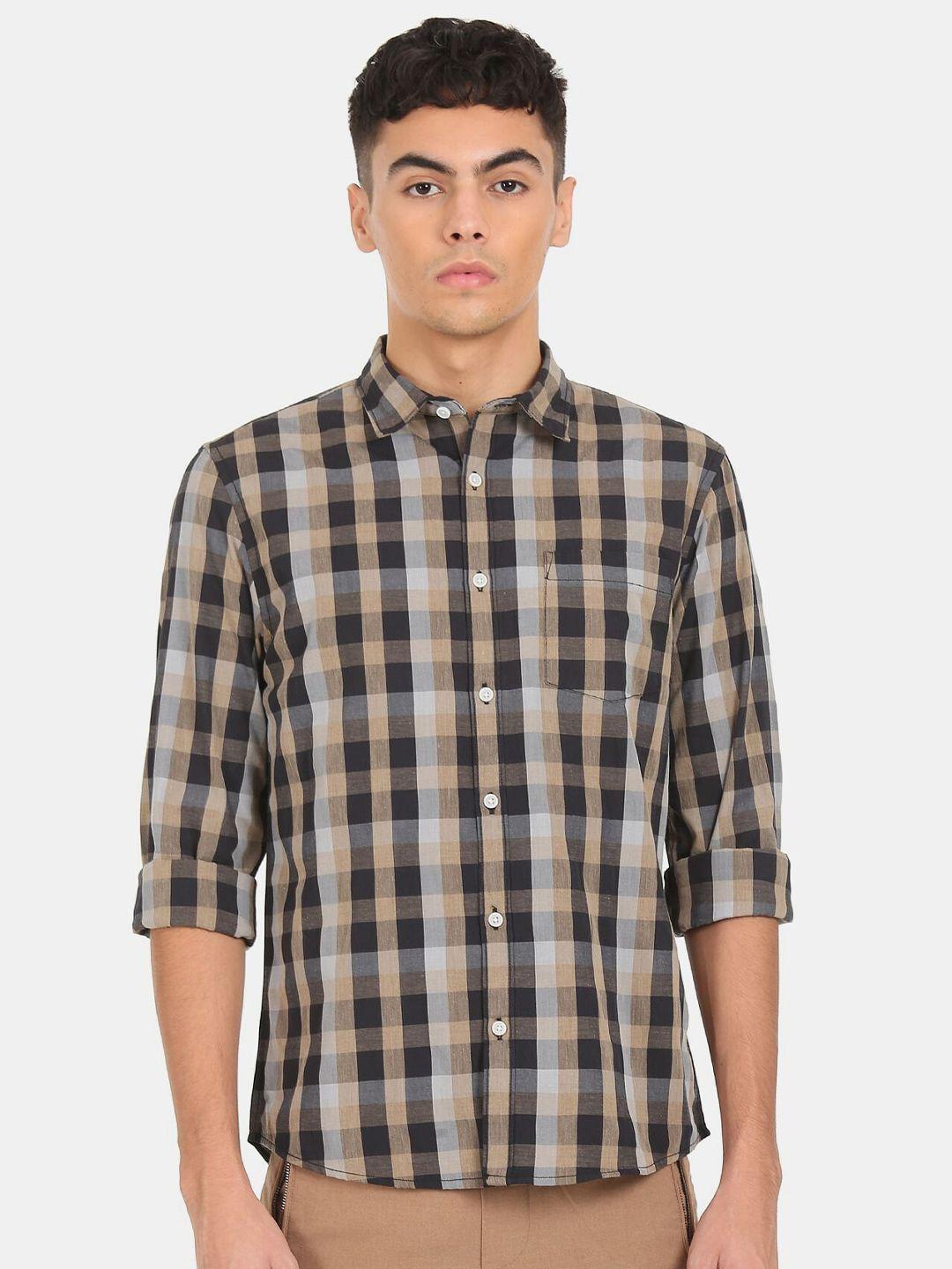 ruggers men beige tartan checked casual cotton shirt