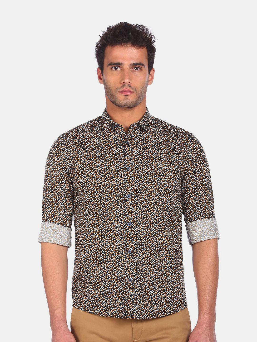 ruggers men black & mustard yellow ditsy floral printed pure cotton casual shirt