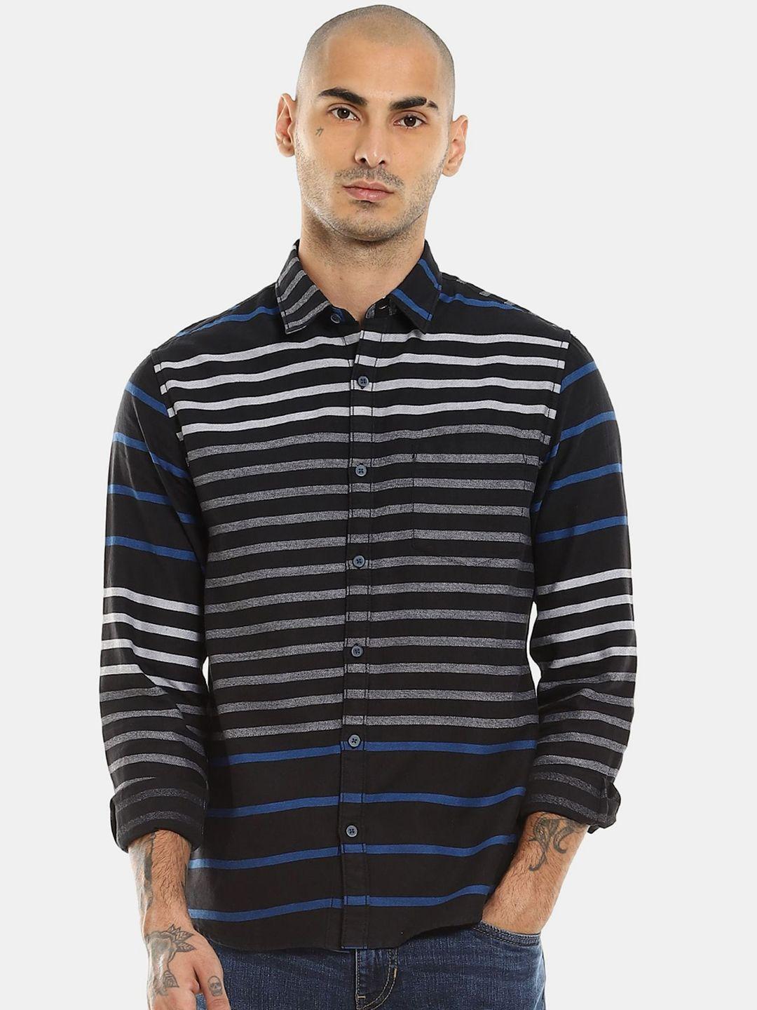 ruggers men black & white striped cotton casual shirt