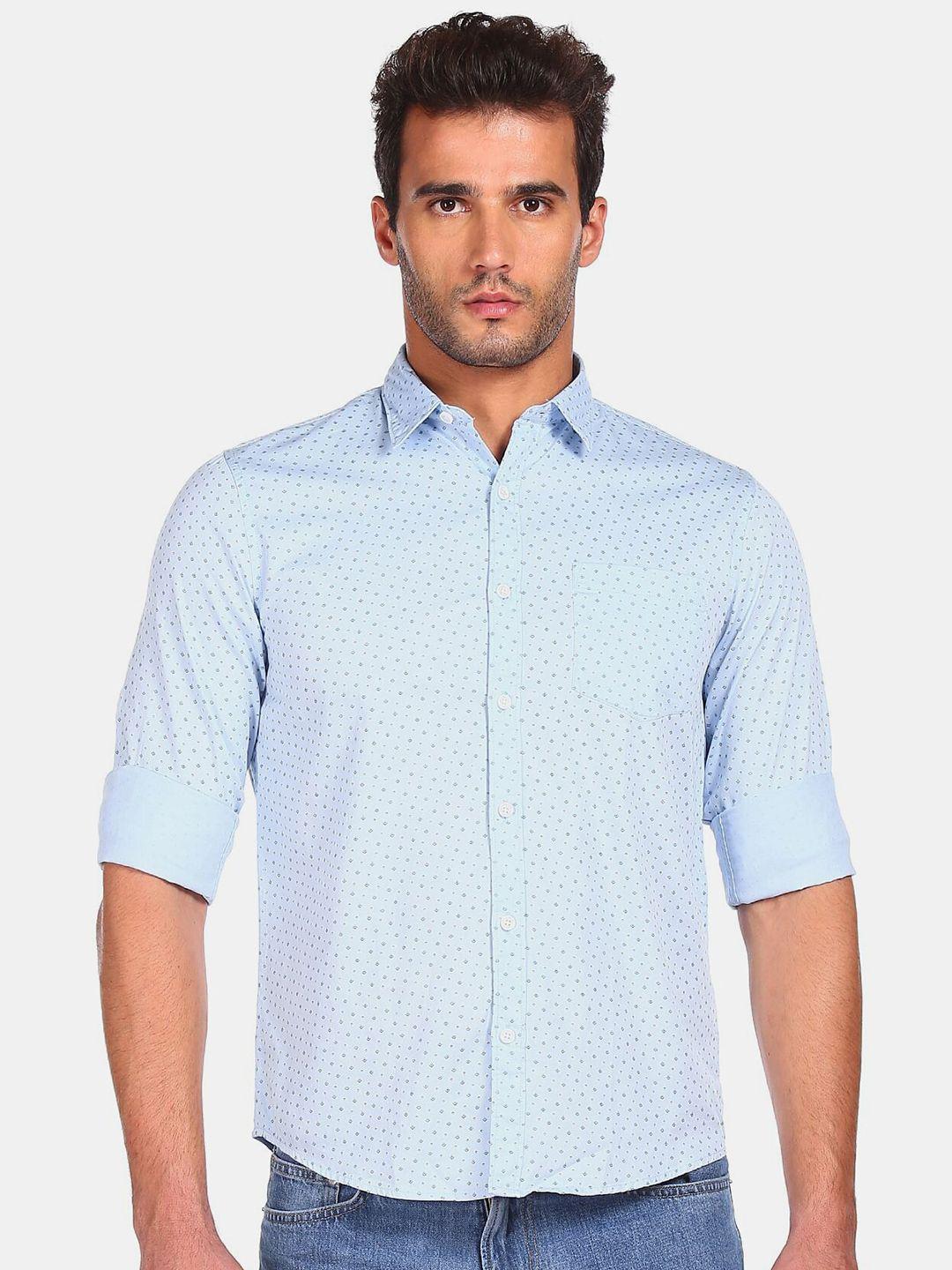 ruggers men blue & brown printed pure cotton casual shirt