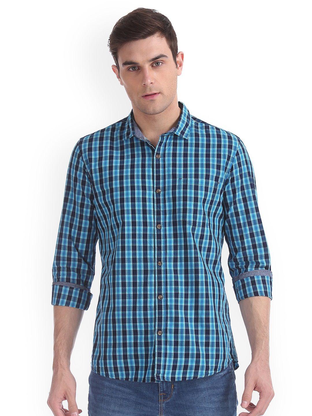 ruggers men blue regular fit checked casual shirt