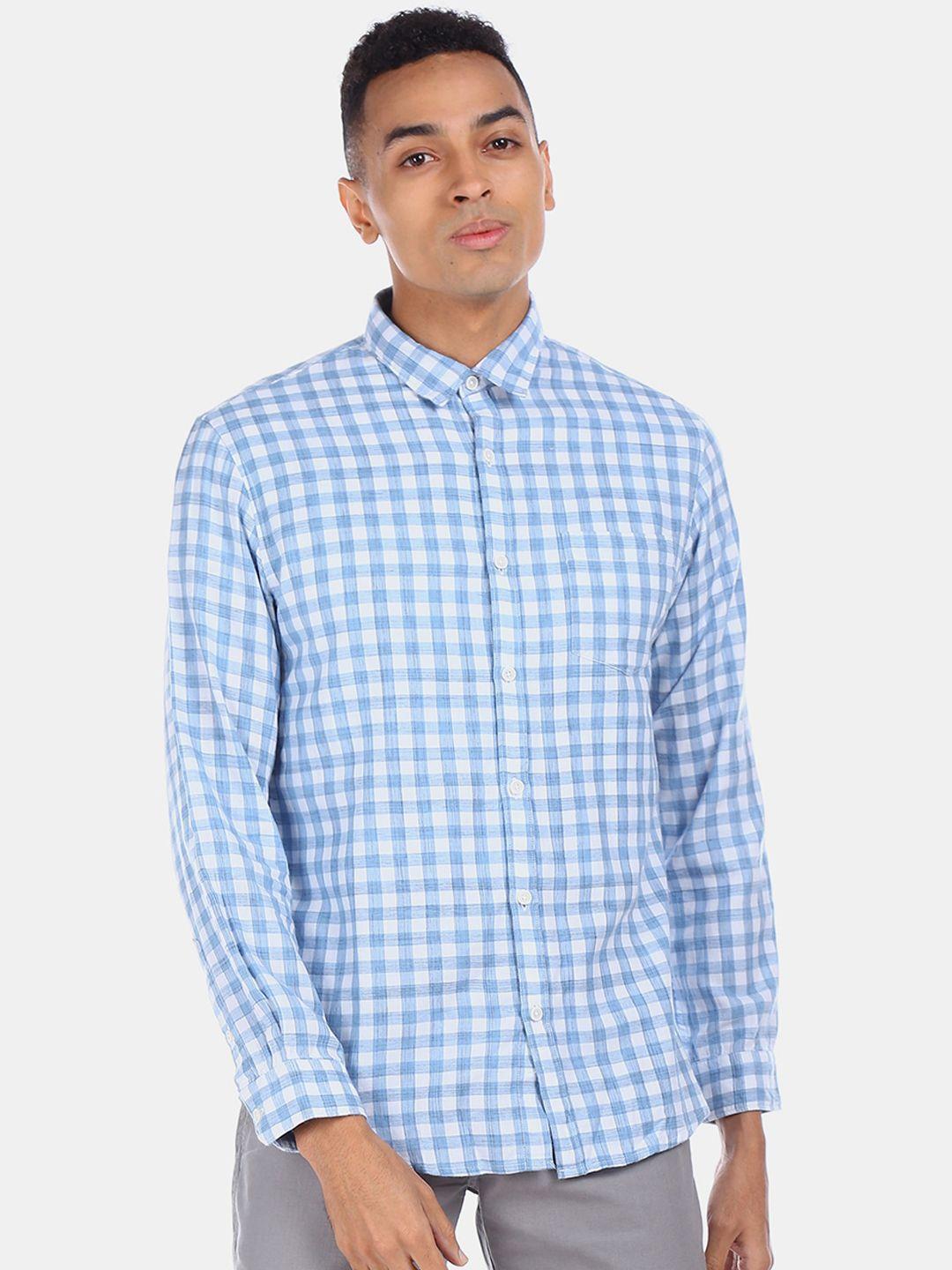 ruggers men blue regular fit checked casual shirt