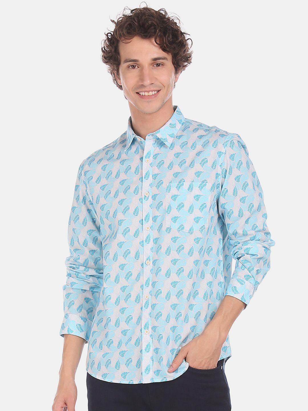 ruggers men blue regular fit printed cotton casual shirt