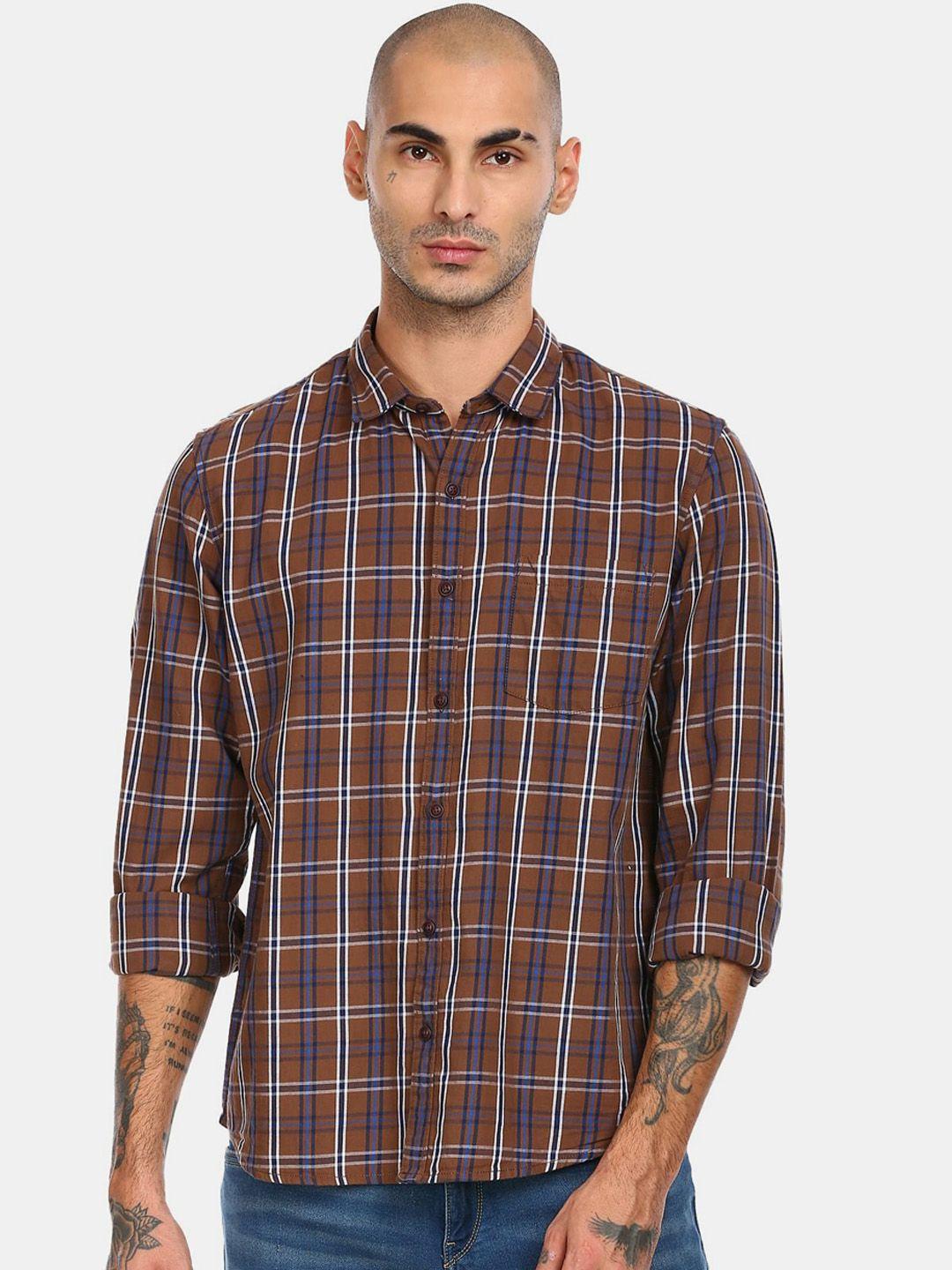 ruggers men brown & white checked cotton casual shirt