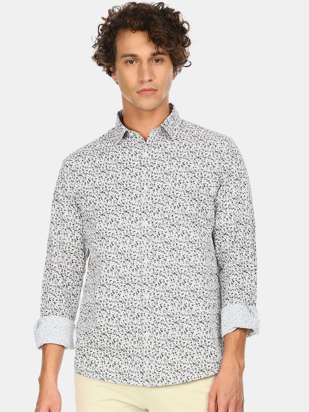 ruggers men brown & white printed cotton casual shirt