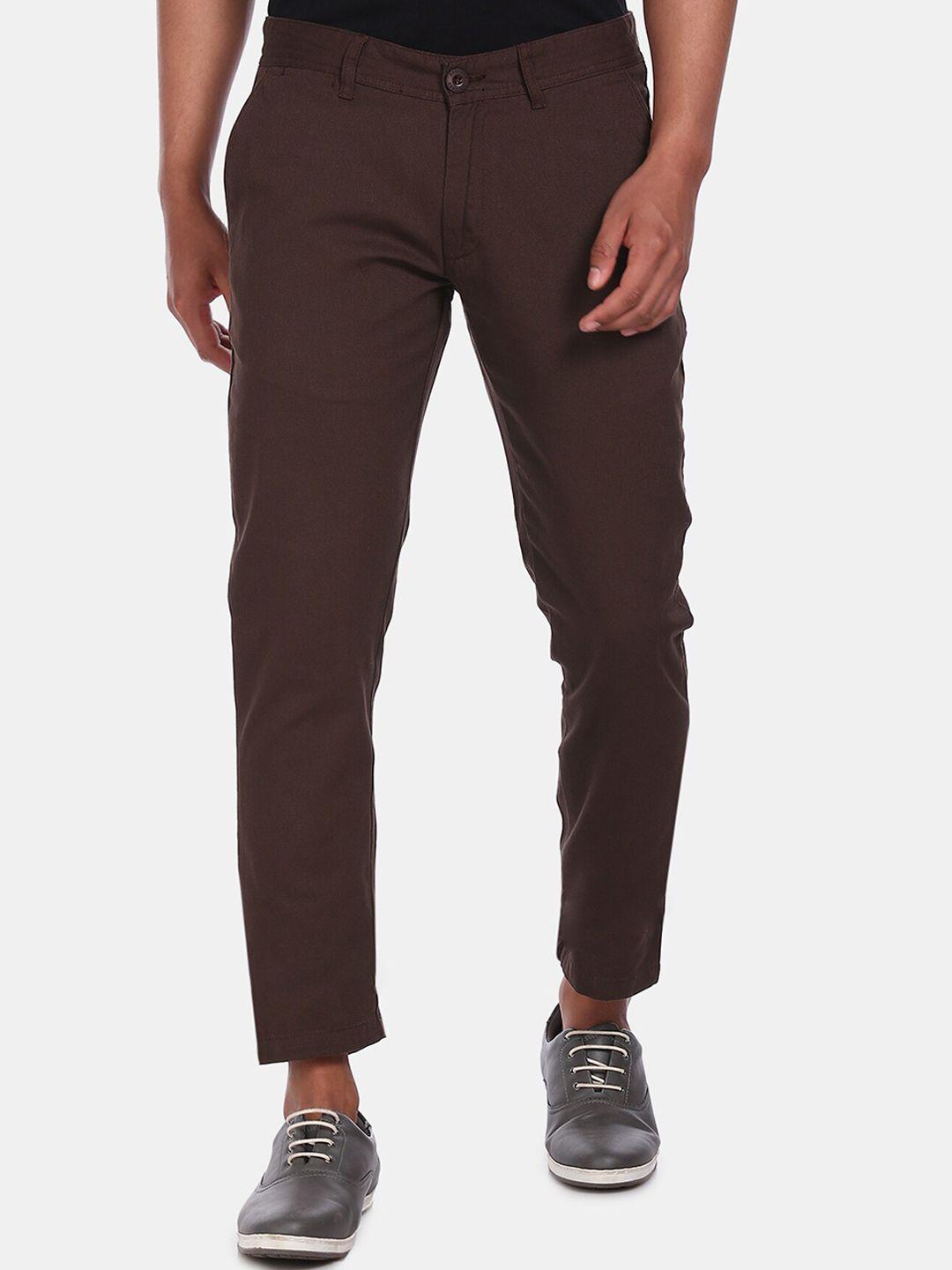 ruggers men brown regular fit solid regular trousers