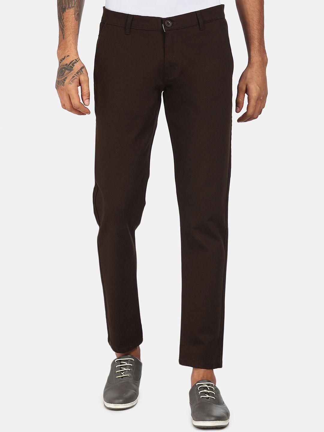 ruggers men brown regular fit solid regular trousers