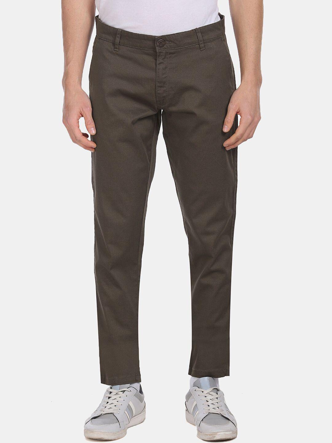 ruggers men brown regular fit solid regular trousers