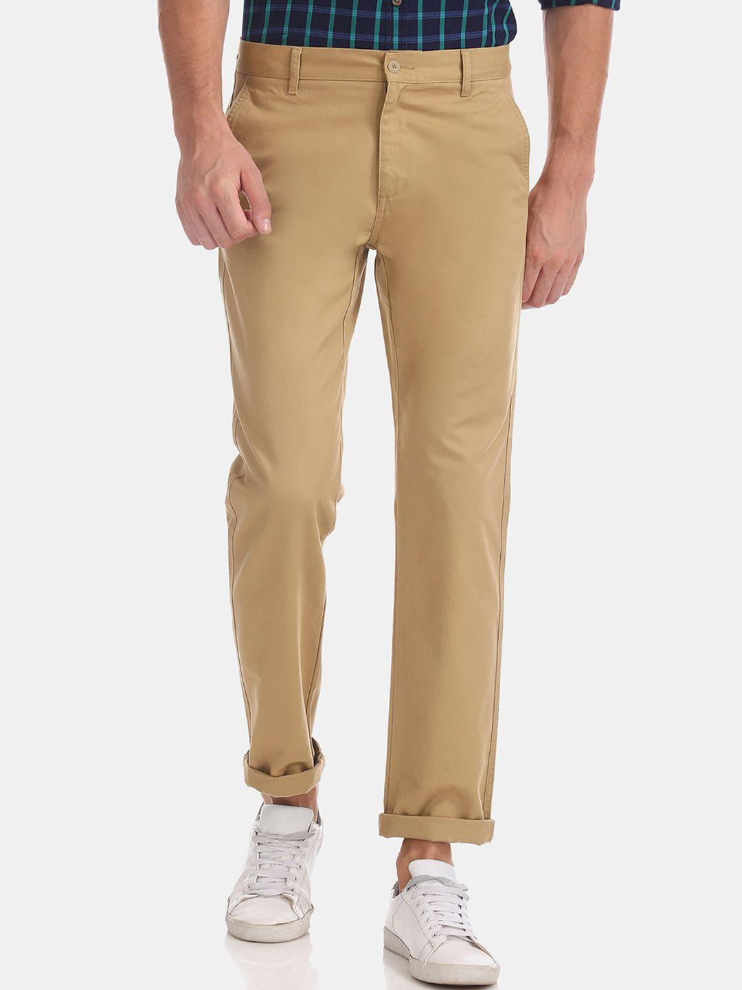 ruggers men brown slim fit solid regular trousers