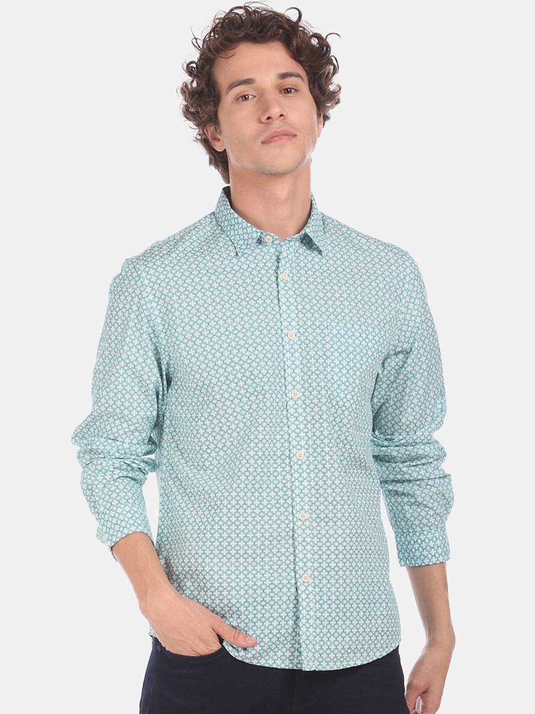 ruggers men green regular fit printed casual shirt