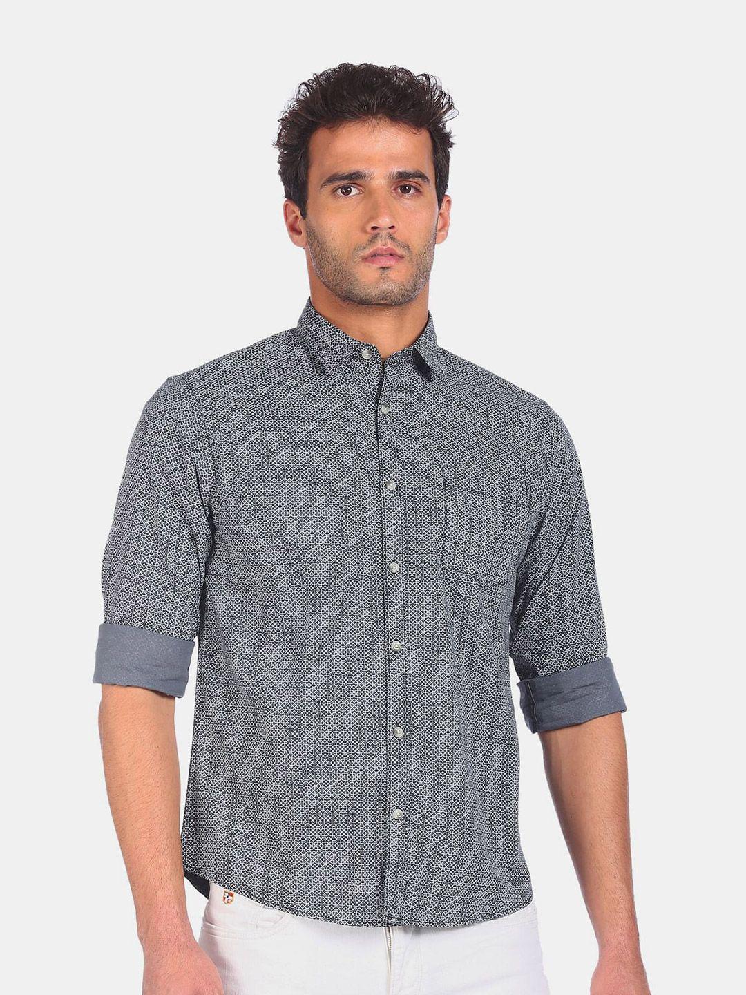 ruggers men grey & white printed pure cotton casual shirt