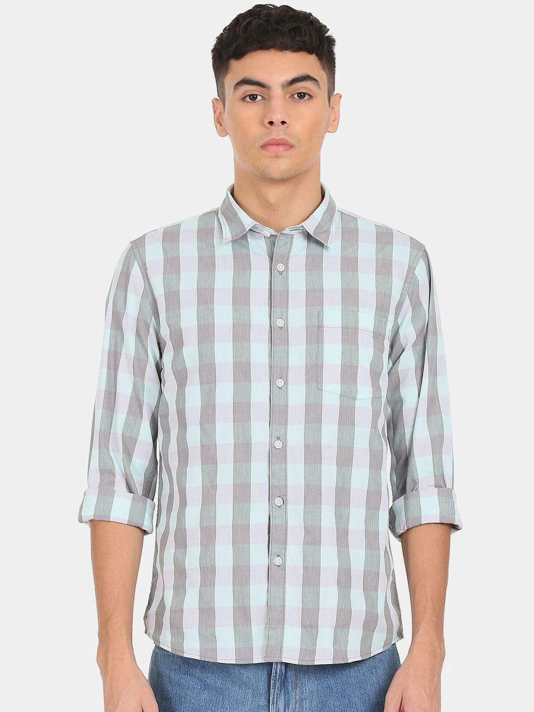 ruggers men mint green & grey checked cotton casual shirt