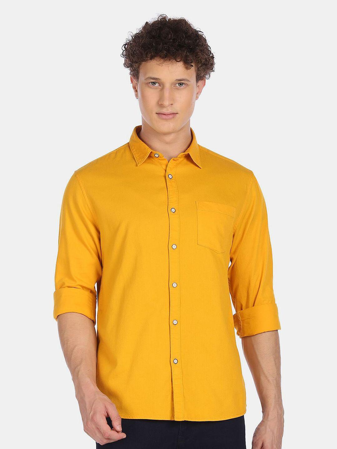 ruggers men mustard textured regular fit pure cotton casual shirt