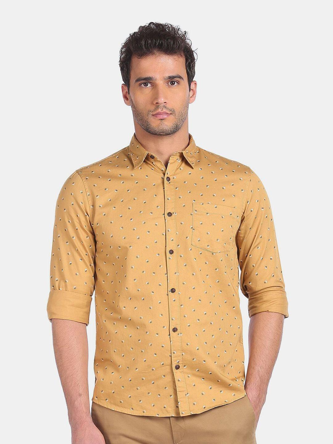 ruggers men mustard yellow floral printed casual shirt