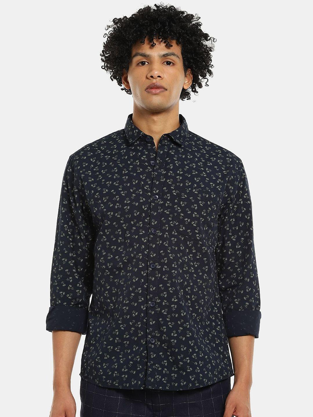 ruggers men navy blue & white floral opaque printed cotton casual shirt