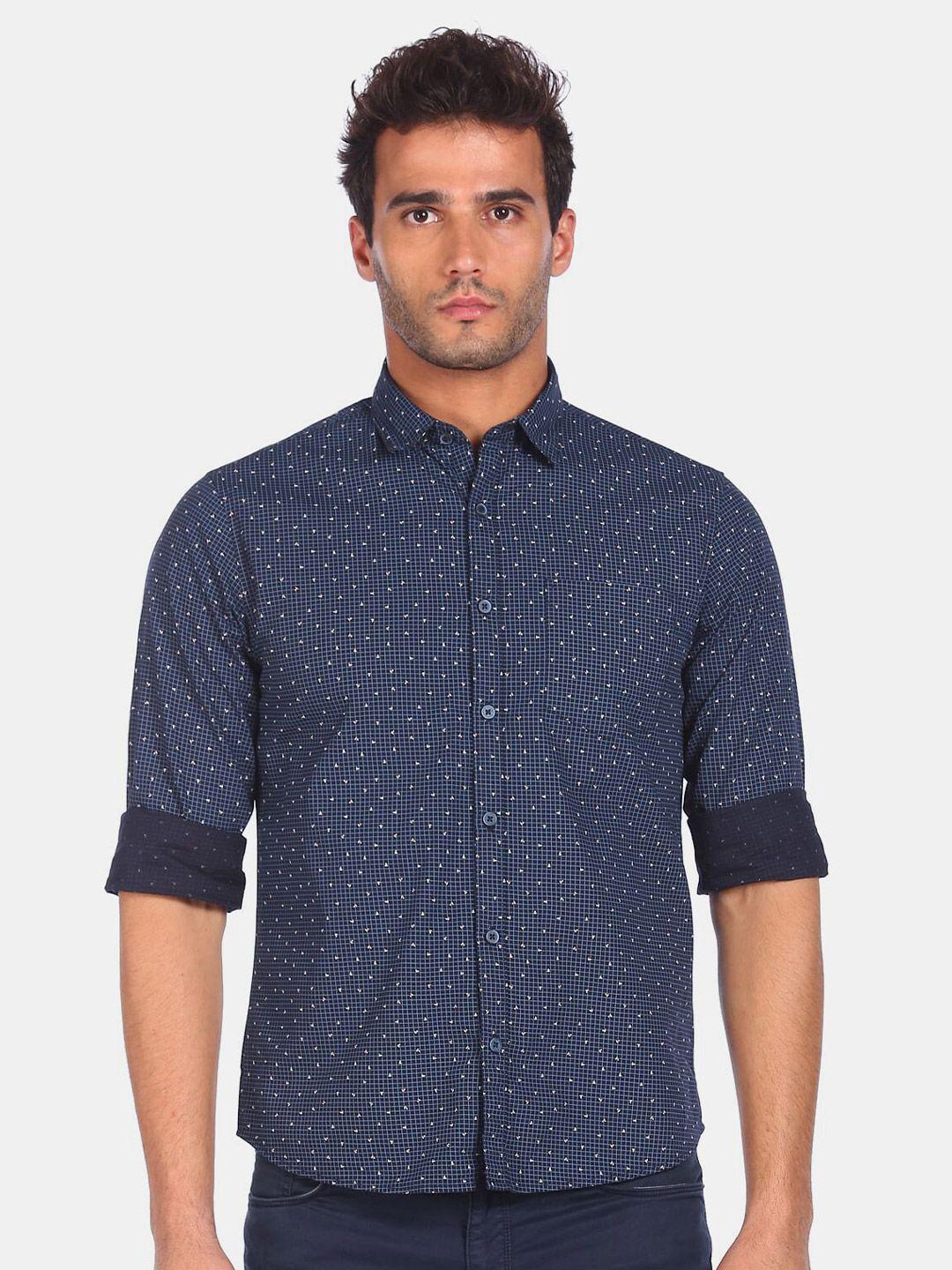 ruggers men navy blue & white micro ditsy printed pure cotton casual shirt