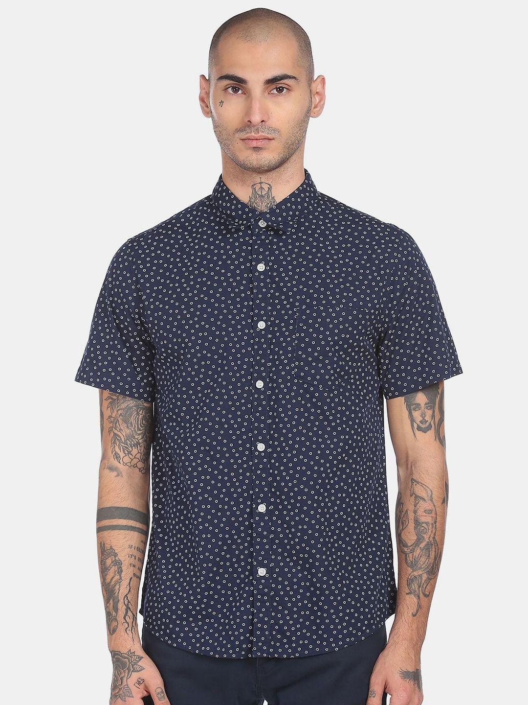 ruggers men navy blue & white printed pure cotton casual shirt