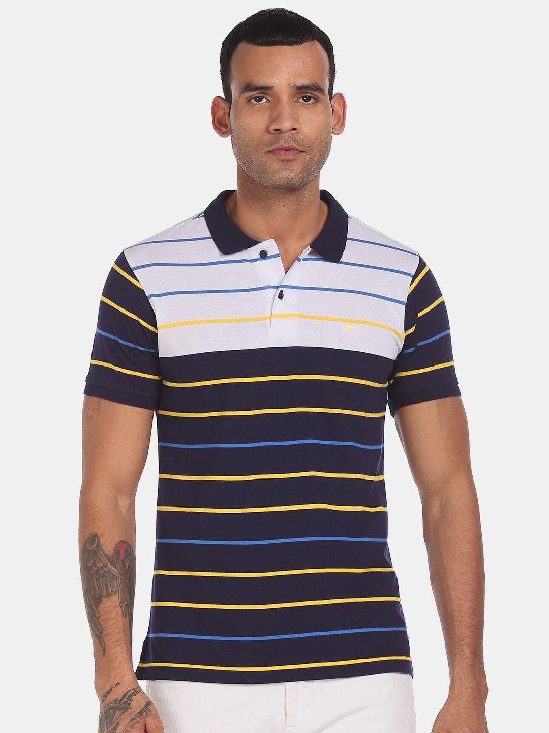 ruggers men navy blue & white striped polo collar t-shirt