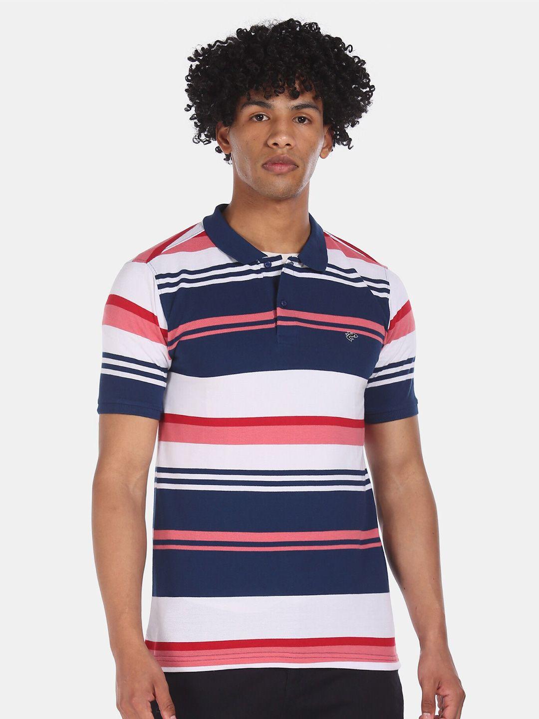 ruggers men navy blue & white striped polo collar t-shirt