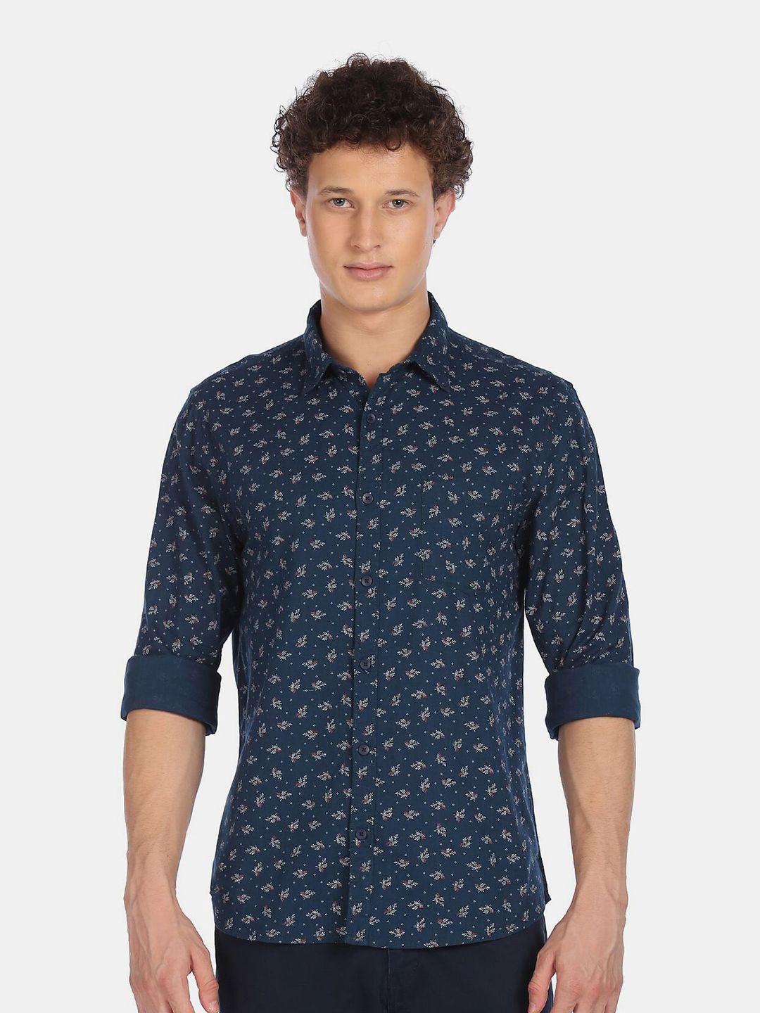 ruggers men navy blue floral printed pure cotton casual shirt