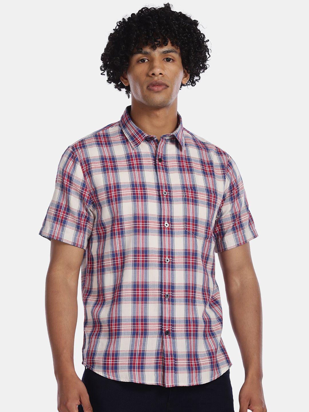 ruggers men off-white & red checked pure cotton casual shirt