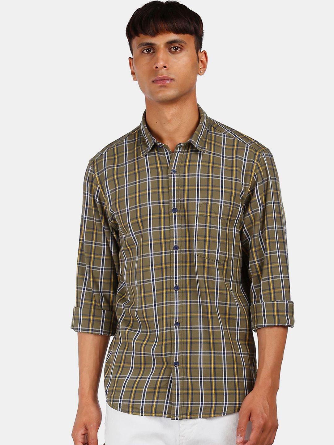 ruggers men olive green & yellow slim fit checked cotton casual shirt