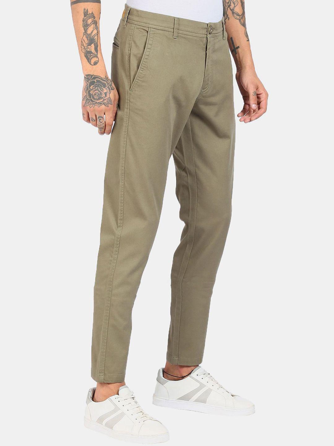 ruggers men olive green solid cotton regular trousers