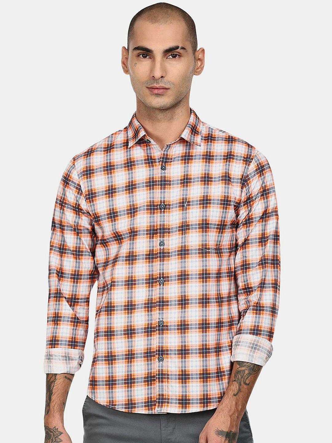 ruggers men orange & off-white checked cotton casual shirt