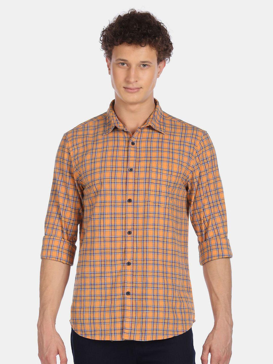 ruggers men orange checked pure cotton casual shirt