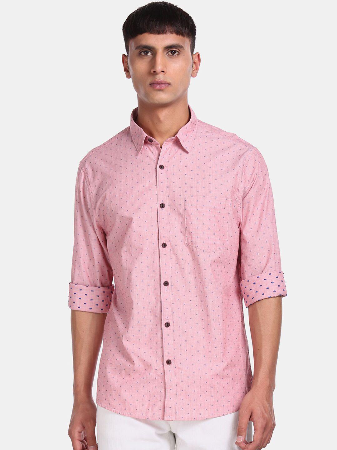 ruggers men pink & blue regular fit printed cotton casual shirt