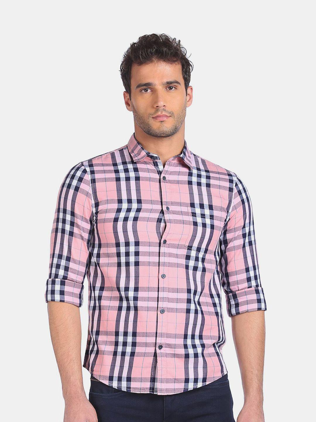 ruggers men pink & navy blue checked pure cotton casual shirt