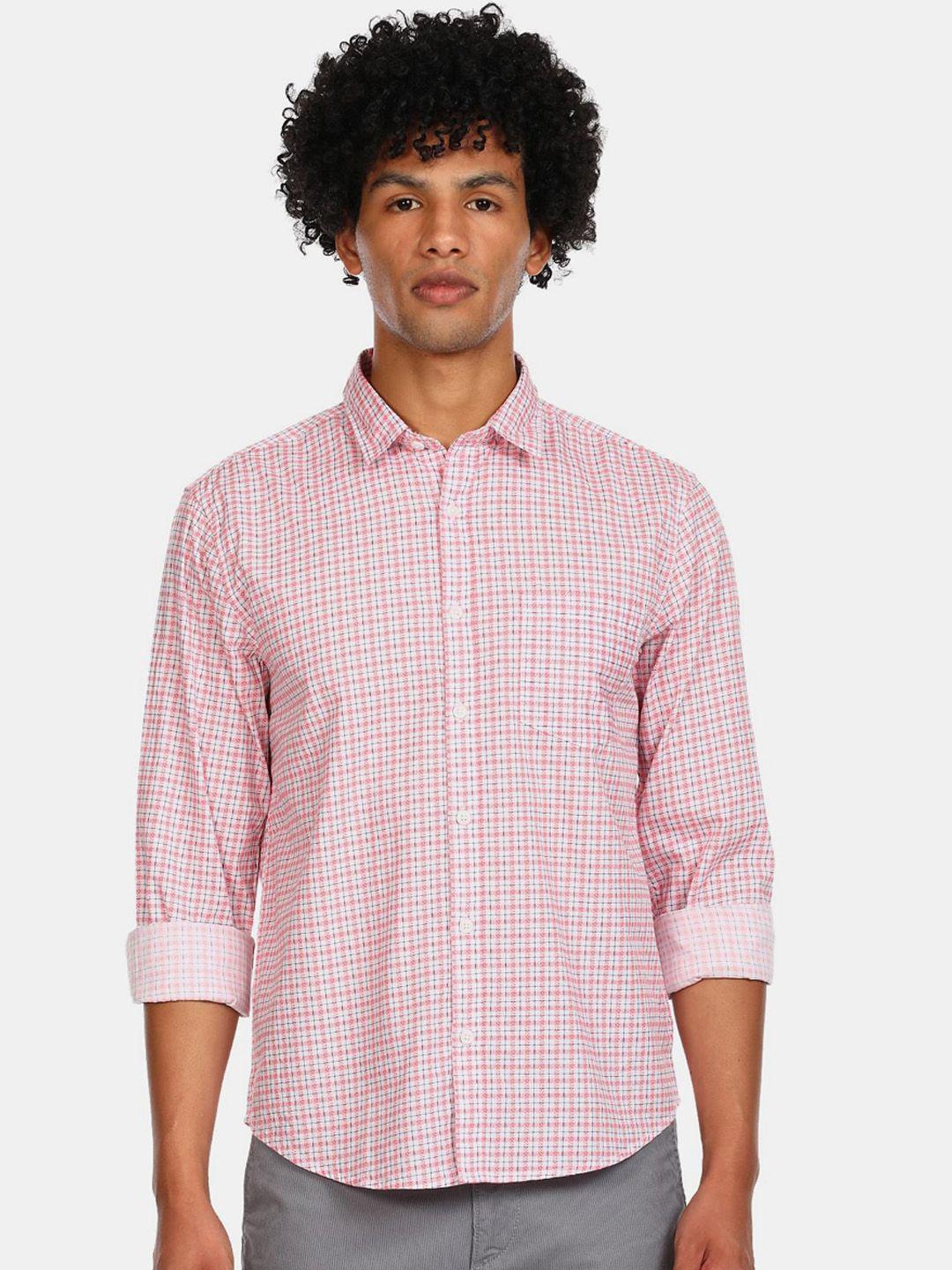 ruggers men red & white checked cotton casual shirt